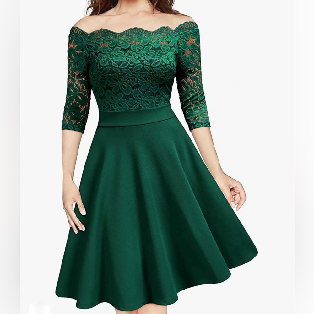 Women's Vintage Floral Lace Half Sleeve Boat Neck Formal Swing Dress